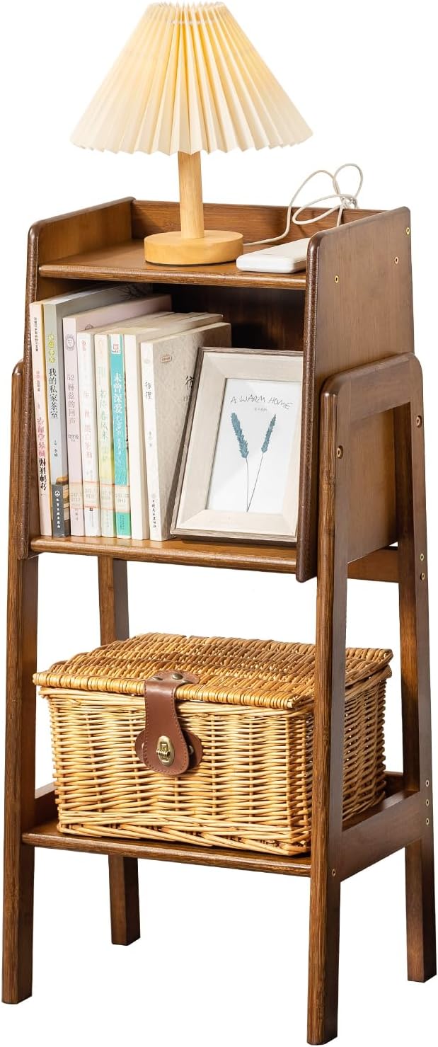 Welnow Bamboo Bookcase with Cabinet, Natural End Table with 1-Tier Storage Sh...