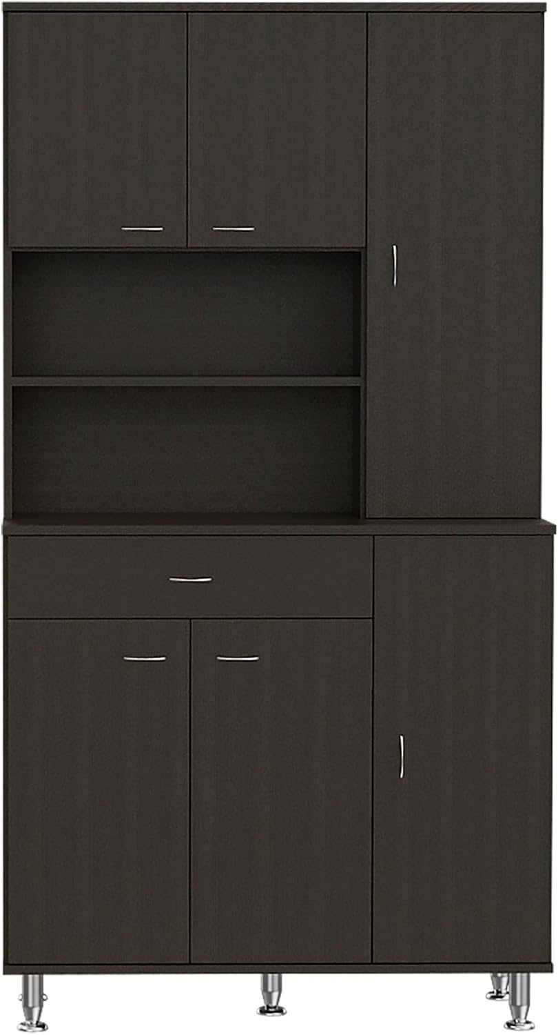 Kitchen Pantry Cabinet, Two Open Shelves, One Drawer, Multiple Cabinets, Black