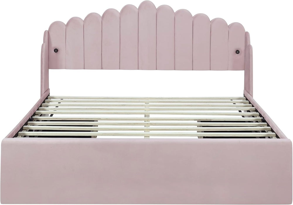 Queen Size Upholstered Platform Bed with 4 Drawers and 2 USB, Storage Platfor...