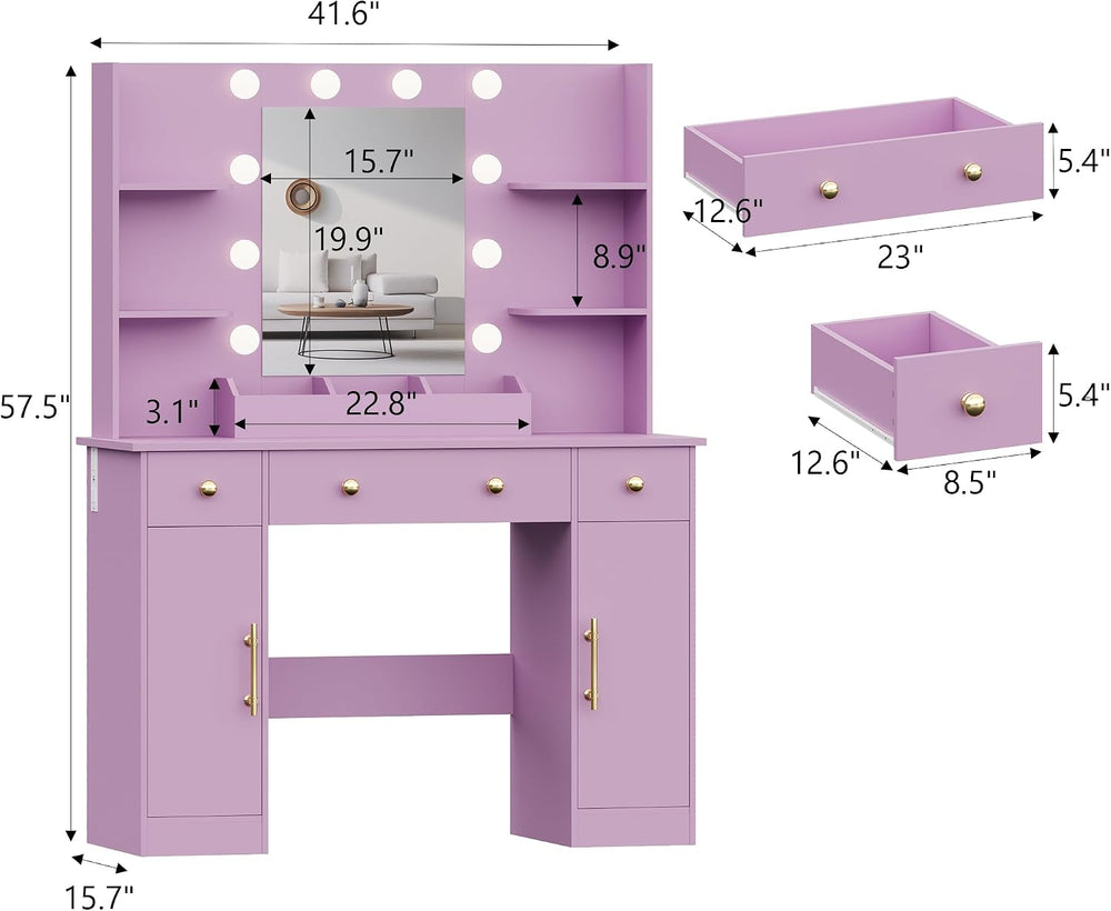 Wodeer Makeup Vanity Desk with Mirror and Lights, 43" Purple Vanity Set ...