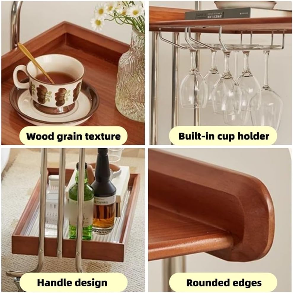 Double-Layer Bar Cart, Modern Bedside Cart with Handle, Side Table with Wheel...