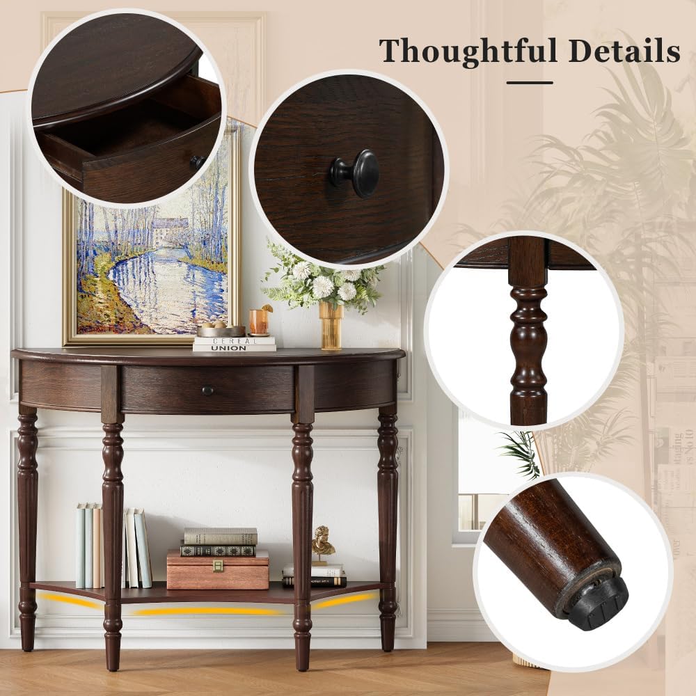 ZOEDO Farmhouse Half Moon Console Table with Drawer & Shelf - Rustic Acce...