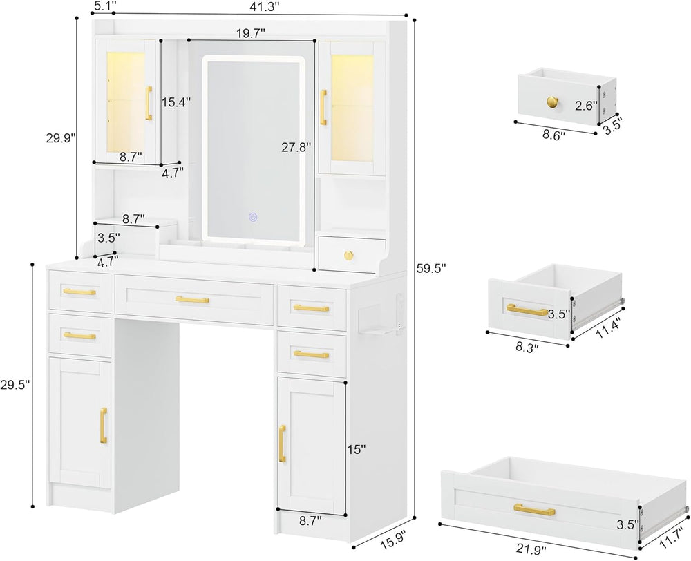 NUNU LAB 42.3 Inchs Large Vanity Desk with Mirror and Lights | 6 Drawers and ...