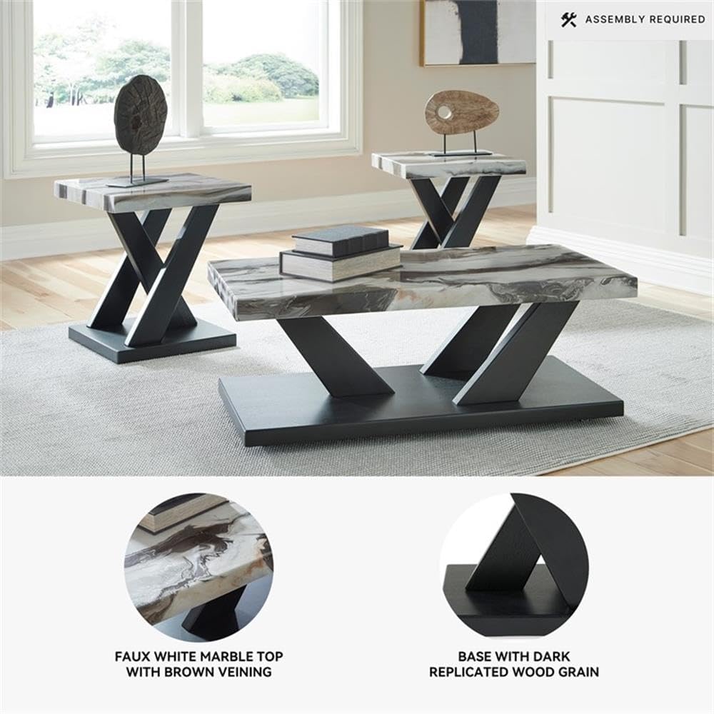 BOWERY HILL Coffee Table Set, 3-Piece, Faux White Marble Tops, Black Wood Fra...