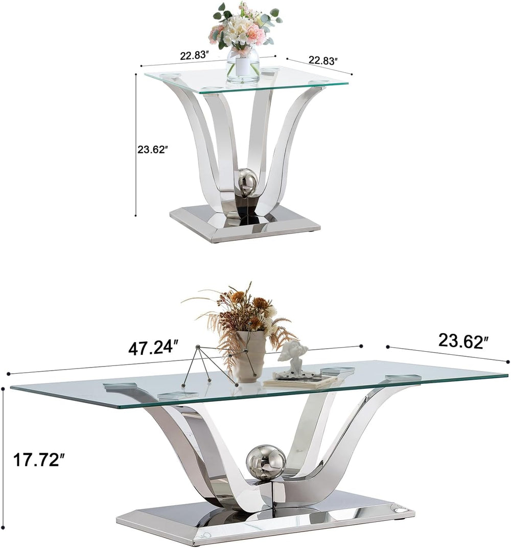 Glass Coffee Table Set of 3, Modern Living Room Table Set Coffee Table and 2 ...