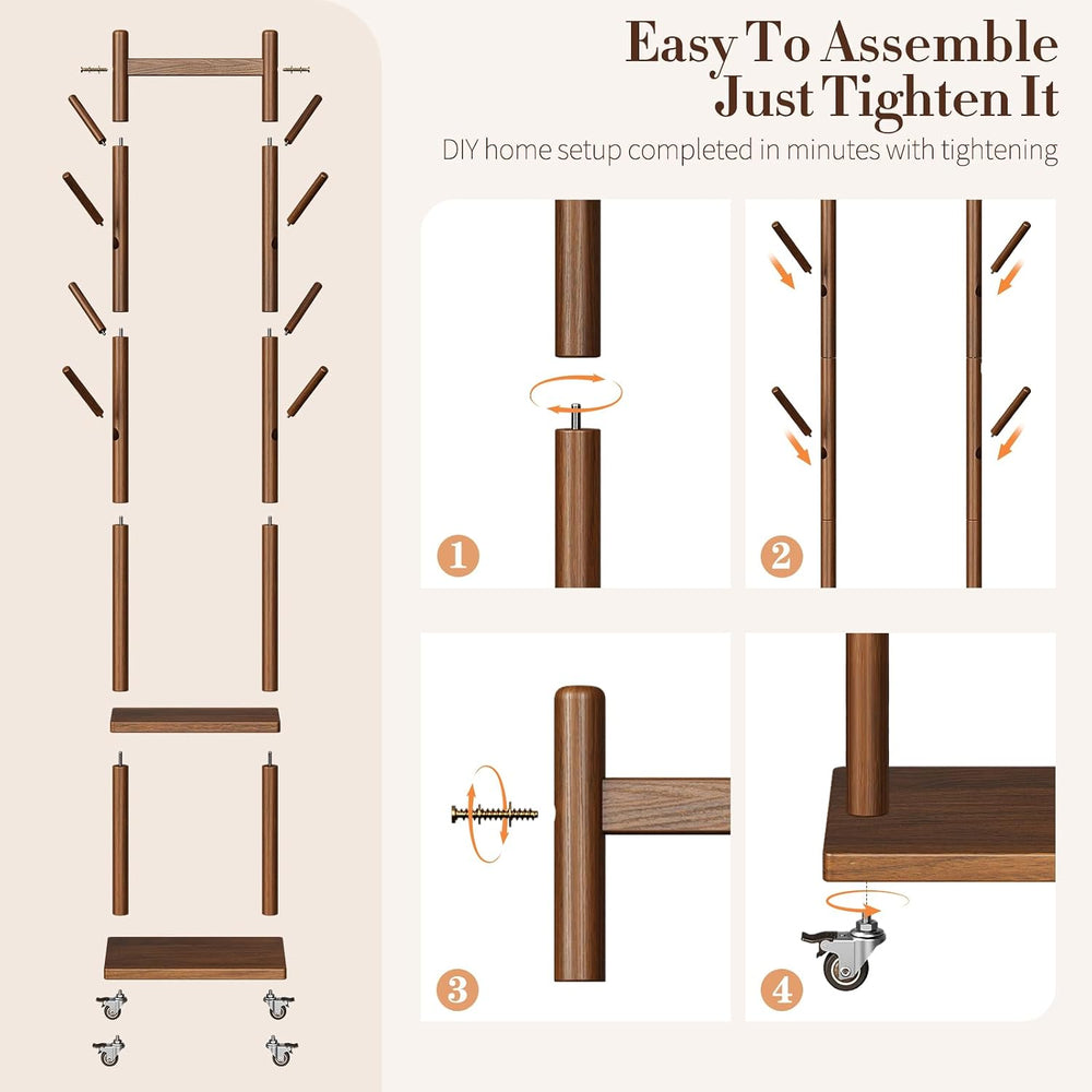 Yoobure Solid Wood Coat Rack Freestanding - Rolling Clothes Rack with 8 Hooks...