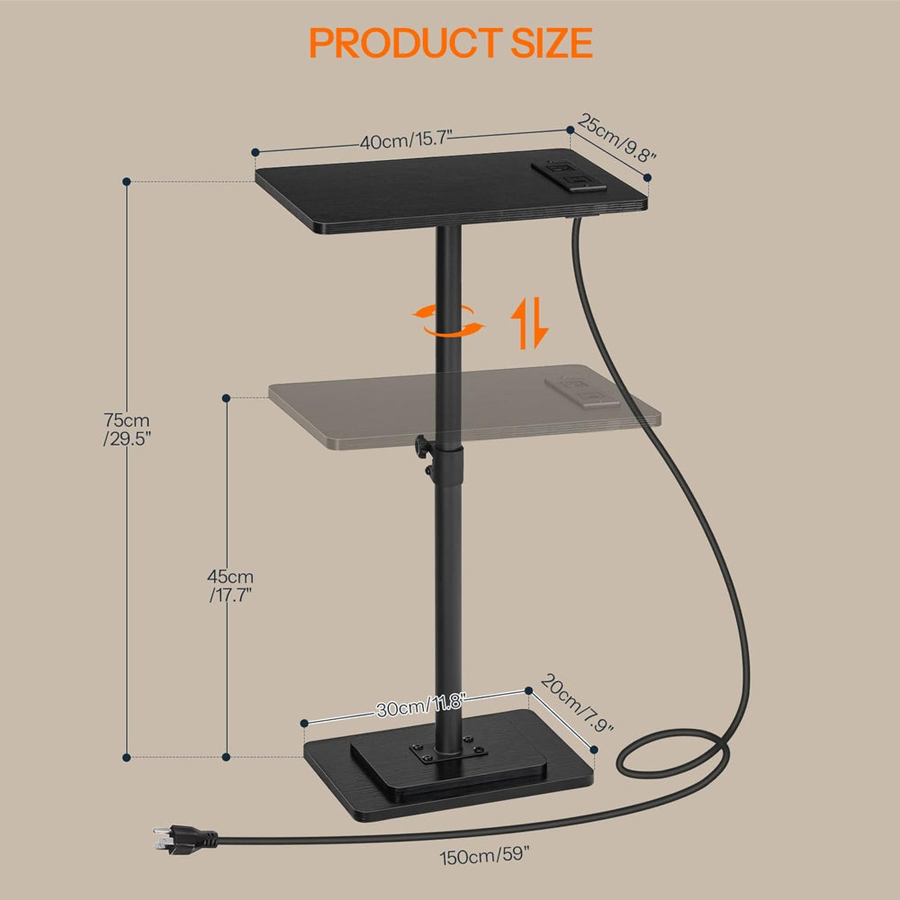HOOBRO Adjustable Height End Table, 360° Swivel Narrow Side Table with Chargi...