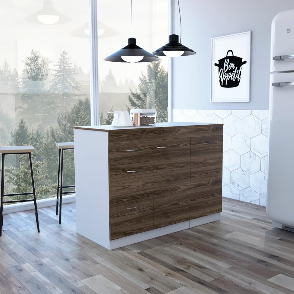 Grecia Kitchen Base Cabinet - 3 Drawers, 2 Shelves, White/Dark Walnut - Expan...
