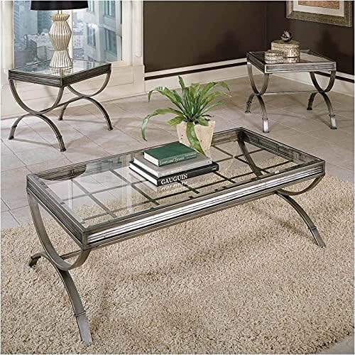 BOWERY HILL 3 Piece Coffee and End Table Set, Silver Finish, Metal Hourglass ...