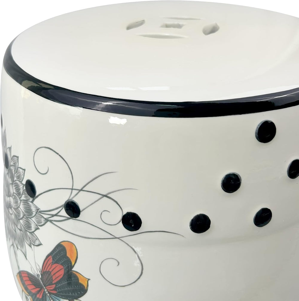 Hand-Painted Floral Bird Ceramic Drum Stool - Oriental Artistry Storage Ottom...