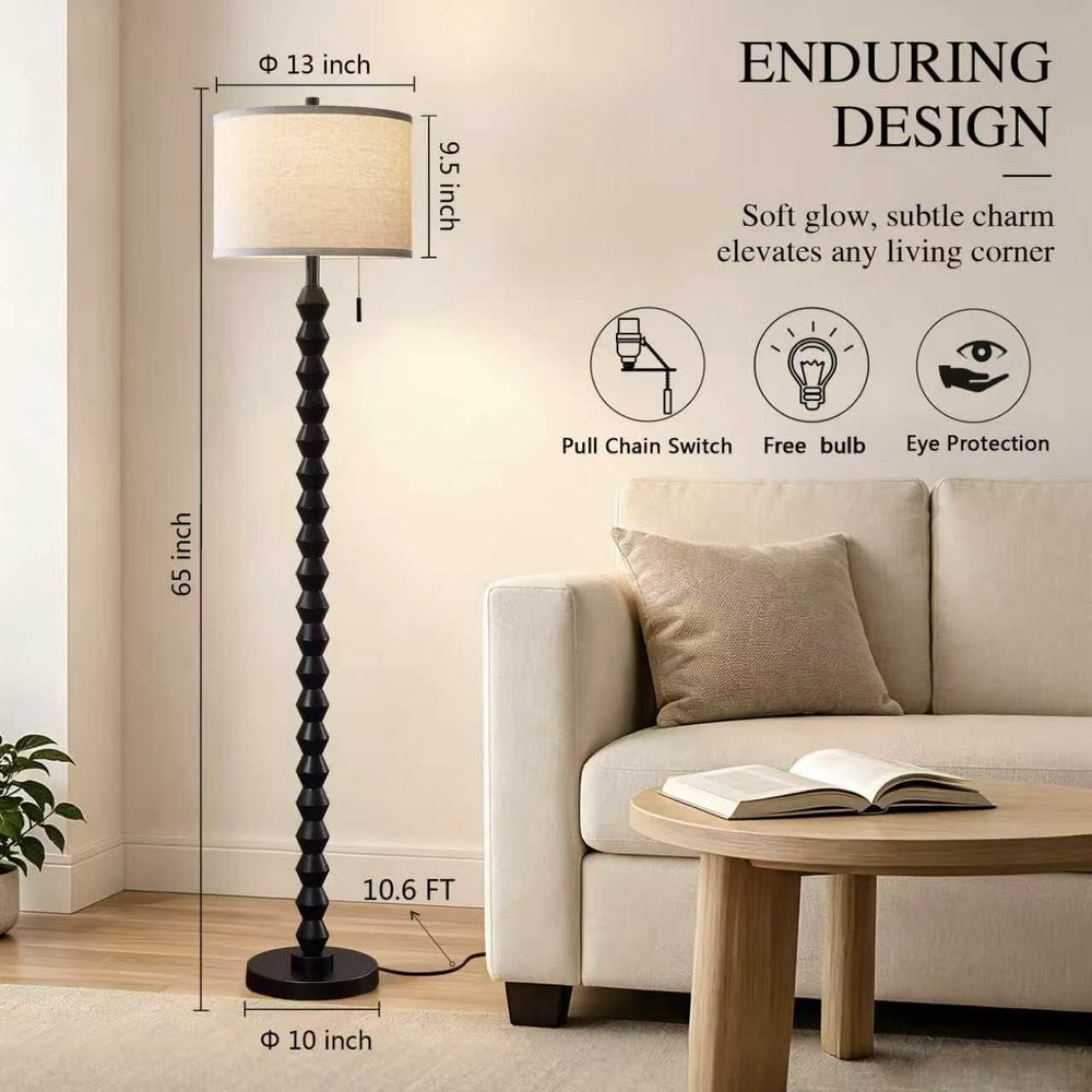 65" Black Solid Wood Modern Floor Lamp with Pull Chain Switch