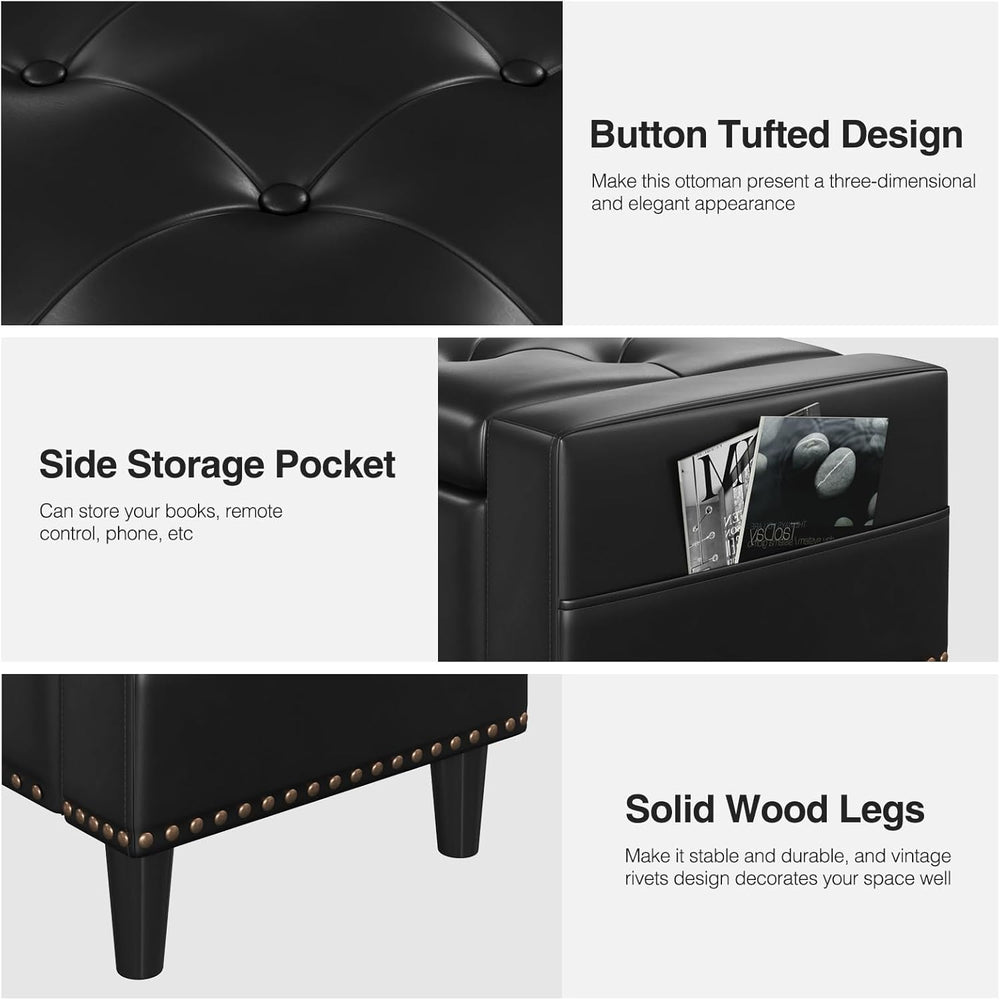 60" Storage Ottoman Bench, Faux Leather Upholstered Bed Bench, Black
