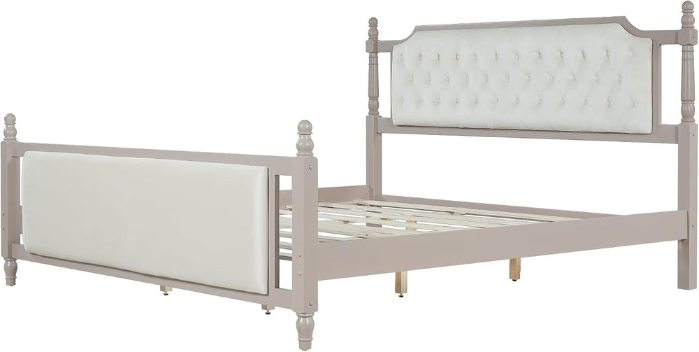 Peanu King Size Upholstered Platform Bed, Tufted Velvet Headboard, Solid Wood...