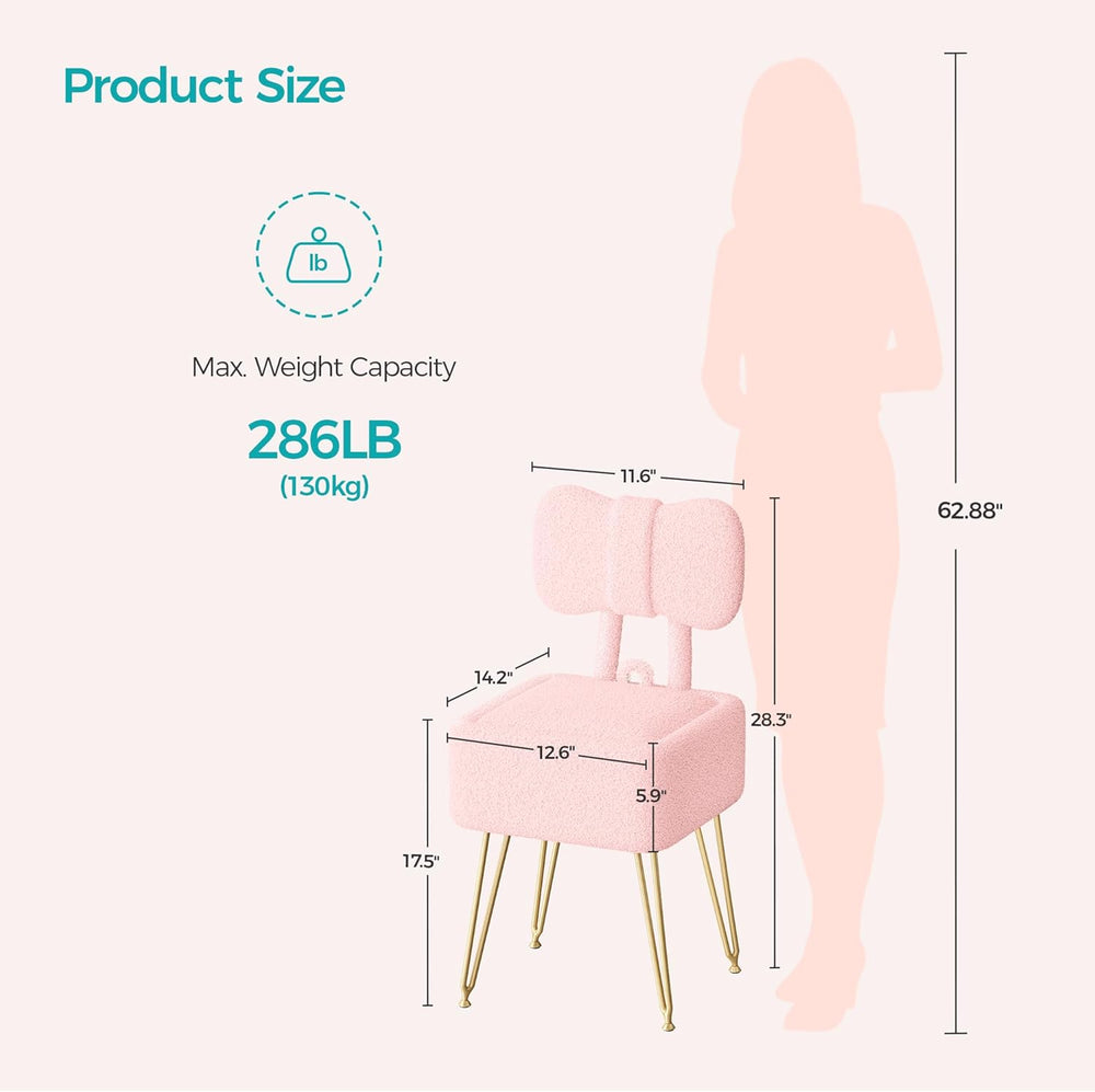 Small Vanity Stool Chair with Storage and Foldable Back, Pink | Soft Storage ...