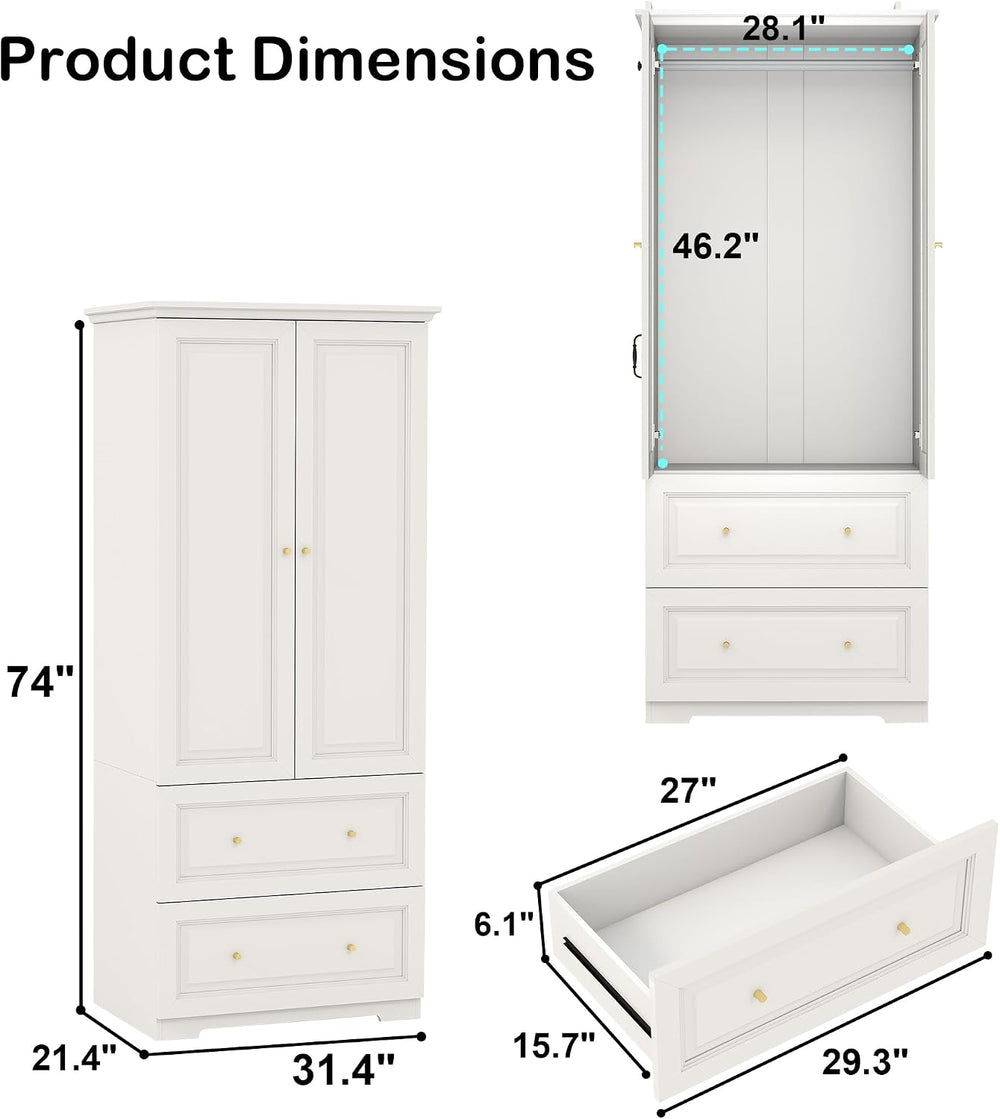 Bedroom Armoires Wardrobe Closet with 2 Doors: 74" White Wardrobe Cabine...