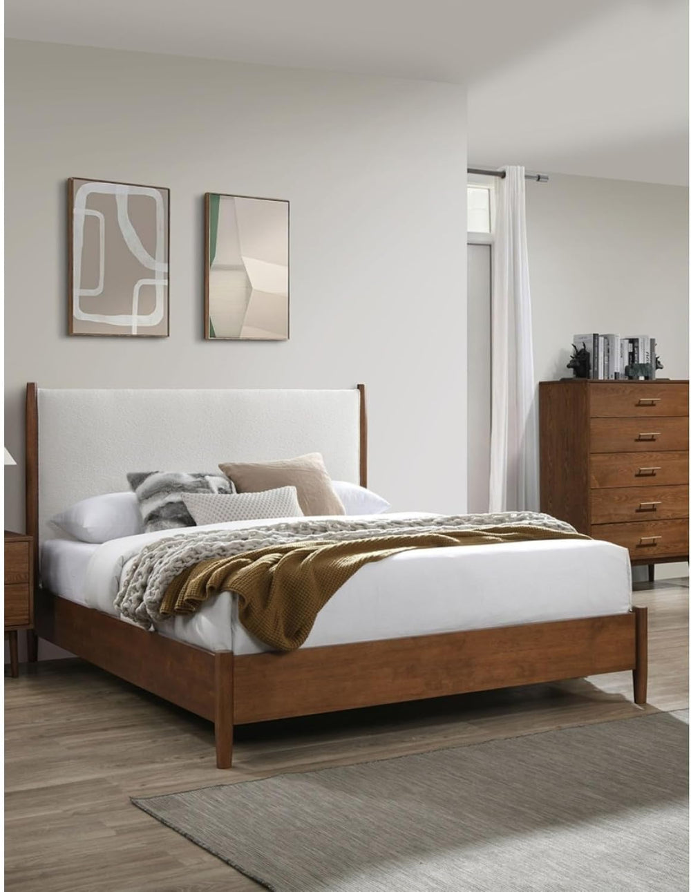 Walnut Color Panel Headboard Beige Upholstered Queen Size Bed