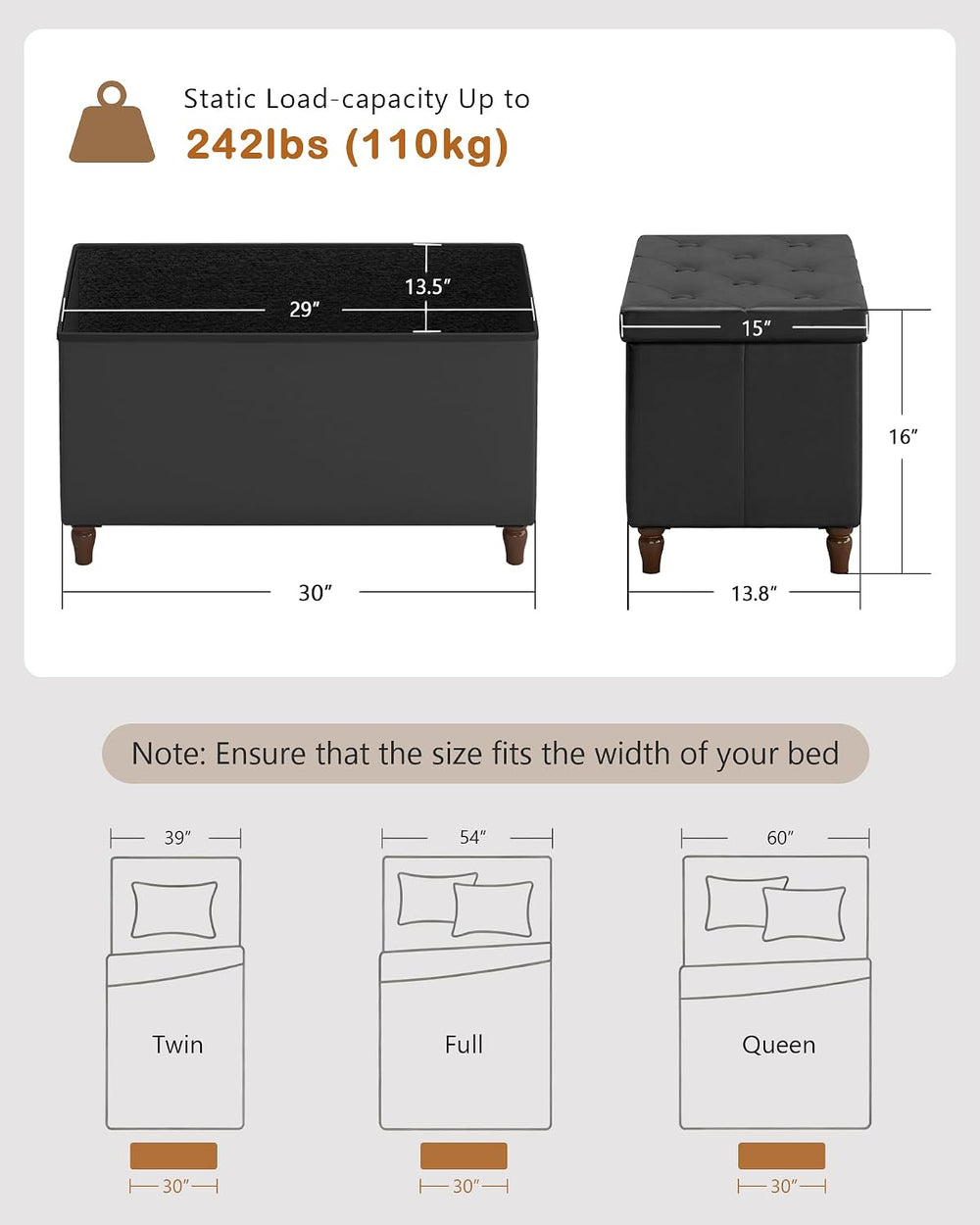 GLAXYFUR 30 Inches Ottoman with Storage, Folding Bench with Legs, Black | Fau...