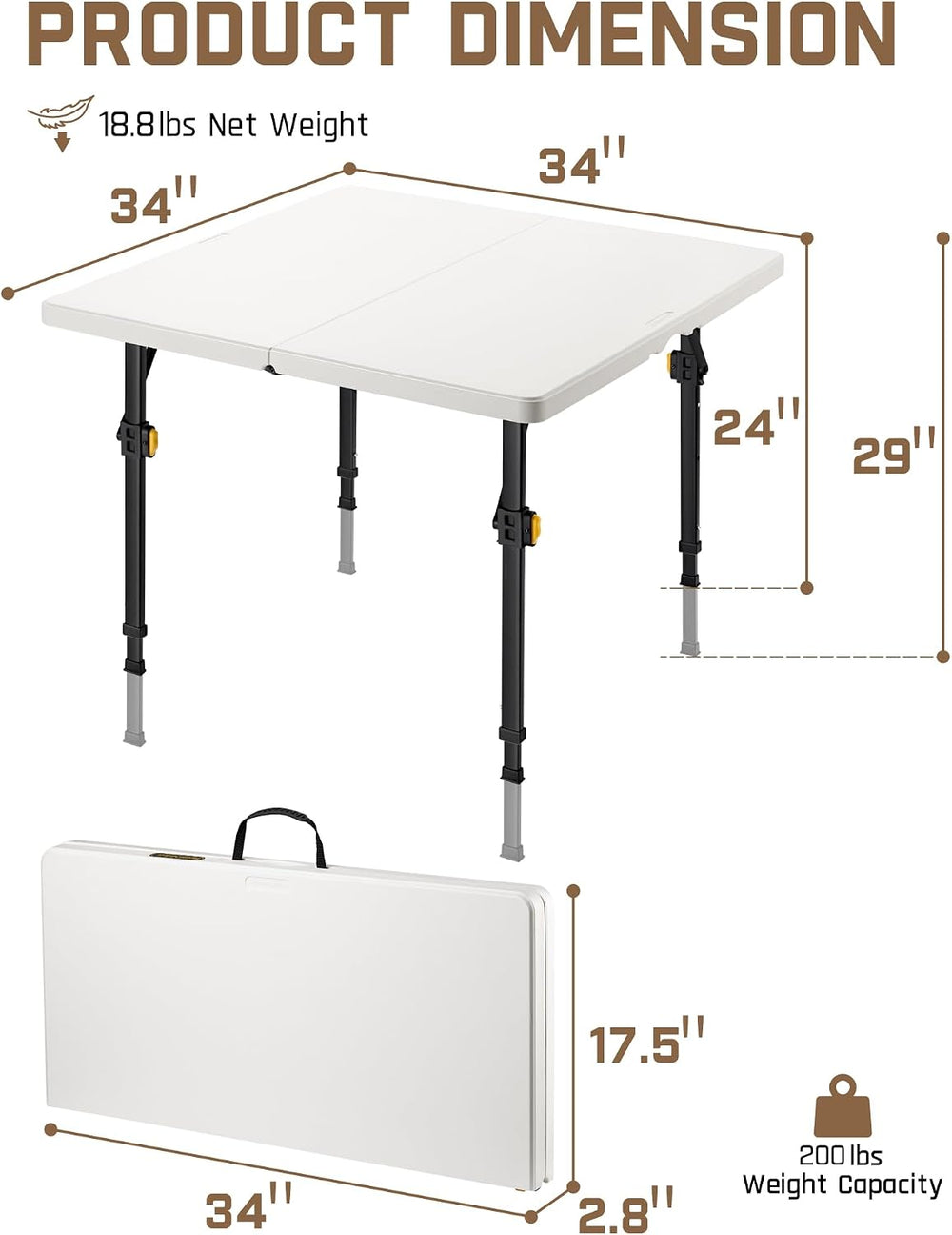 FanttikOutdoor Folding Card Table 34" Square, 2 Heights, Picnic Party Ga...