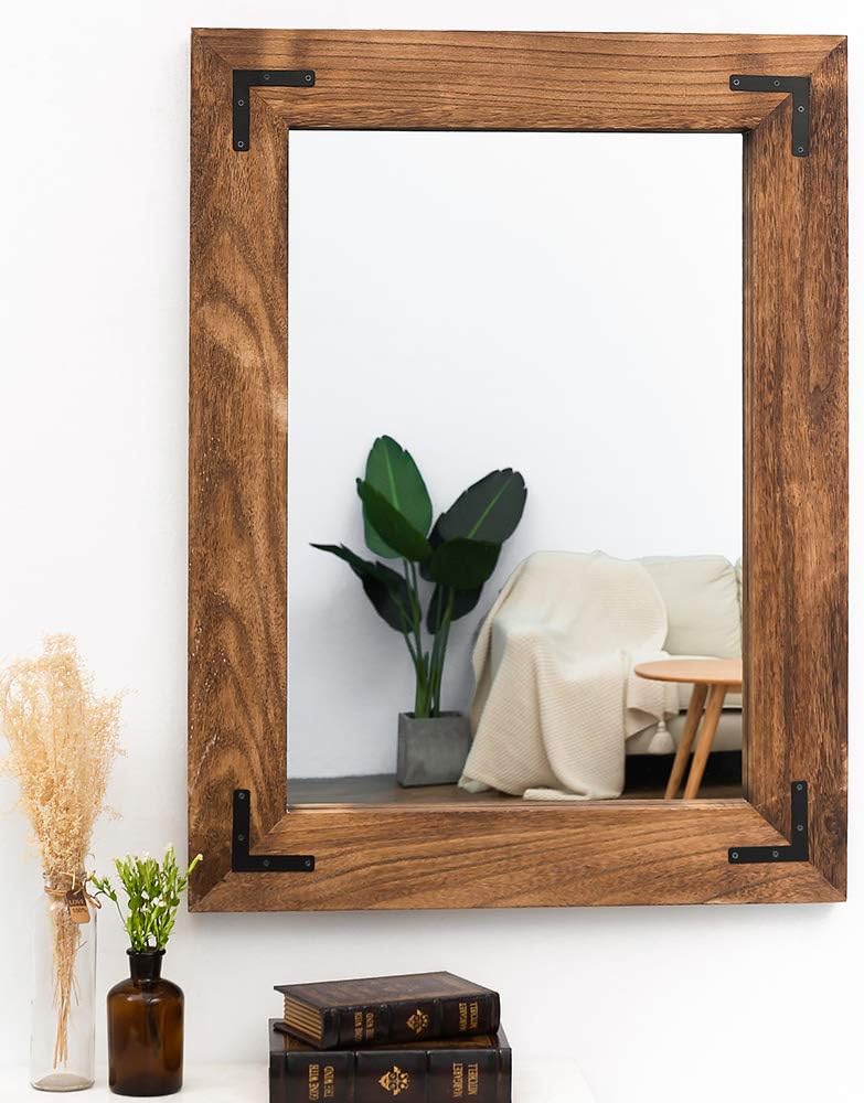 YOSHOOT Rustic Wooden Framed Wall Mirror, Natural Wood Bathroom Vanity Mirror...