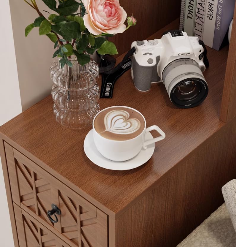 End Table with 3 Drawers and 2 Open Shelves, Walnut Finish Corner Table for B...