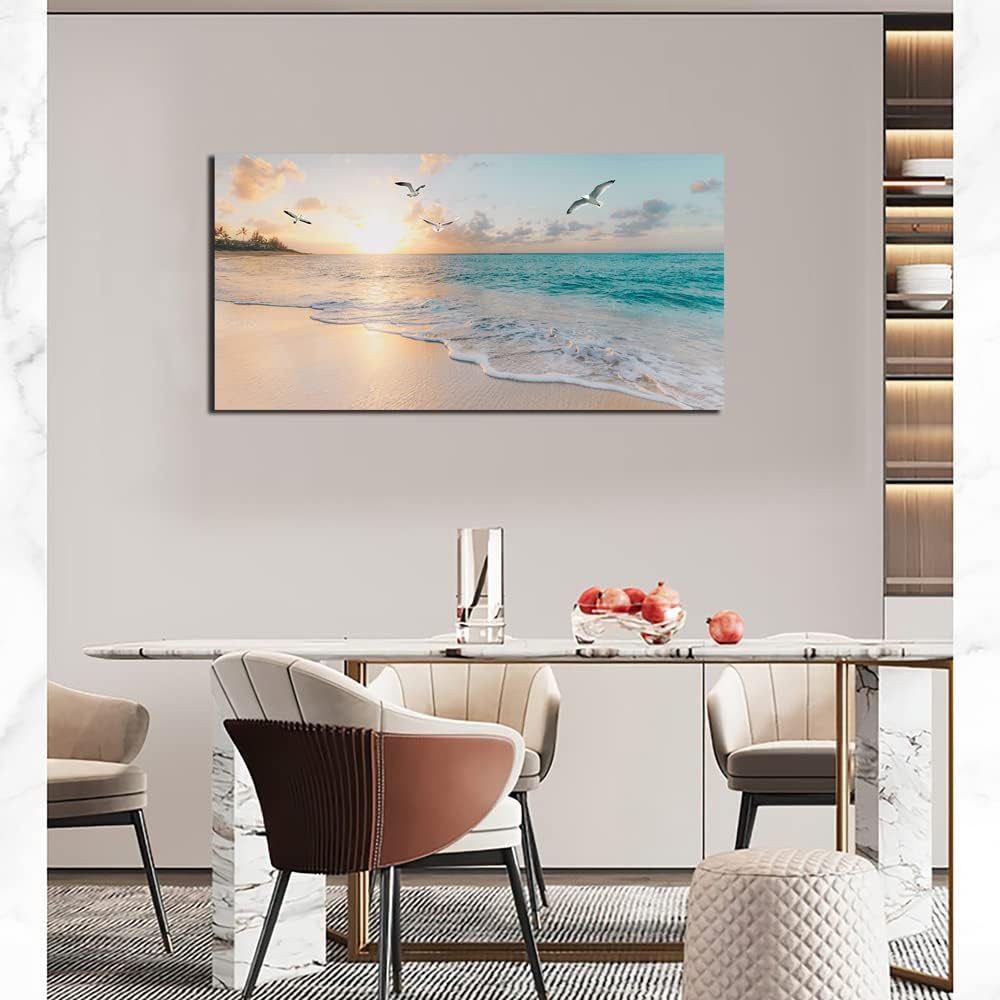 Beach Wall Art Decor for Living Room Ocean Canvas Picture for Wall Gold Sunse...