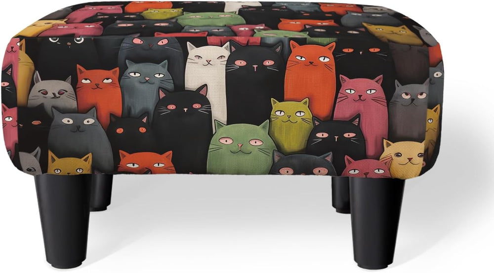 Cartoon Cat Print Square Linen Small Footstool Ottoman for Living Room