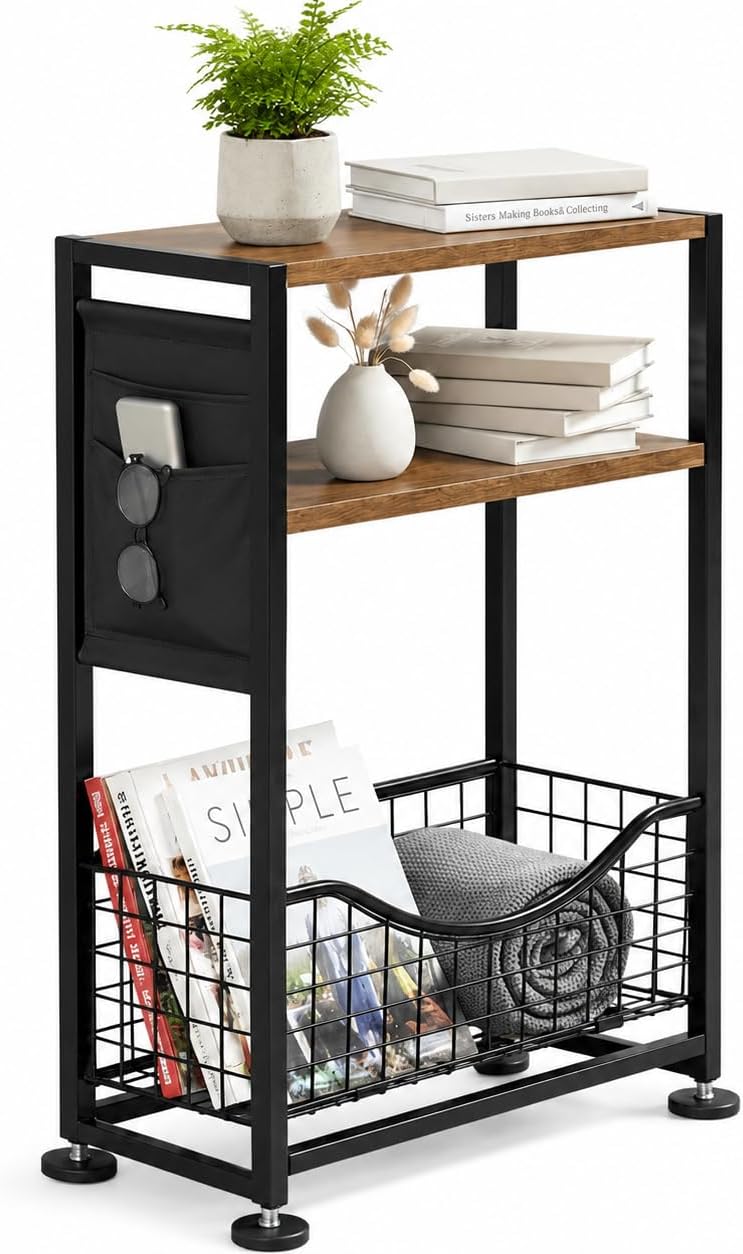 Skinny Side Table with Storage, 3 Tier Slim Side Tables for Small Spaces, Ski...