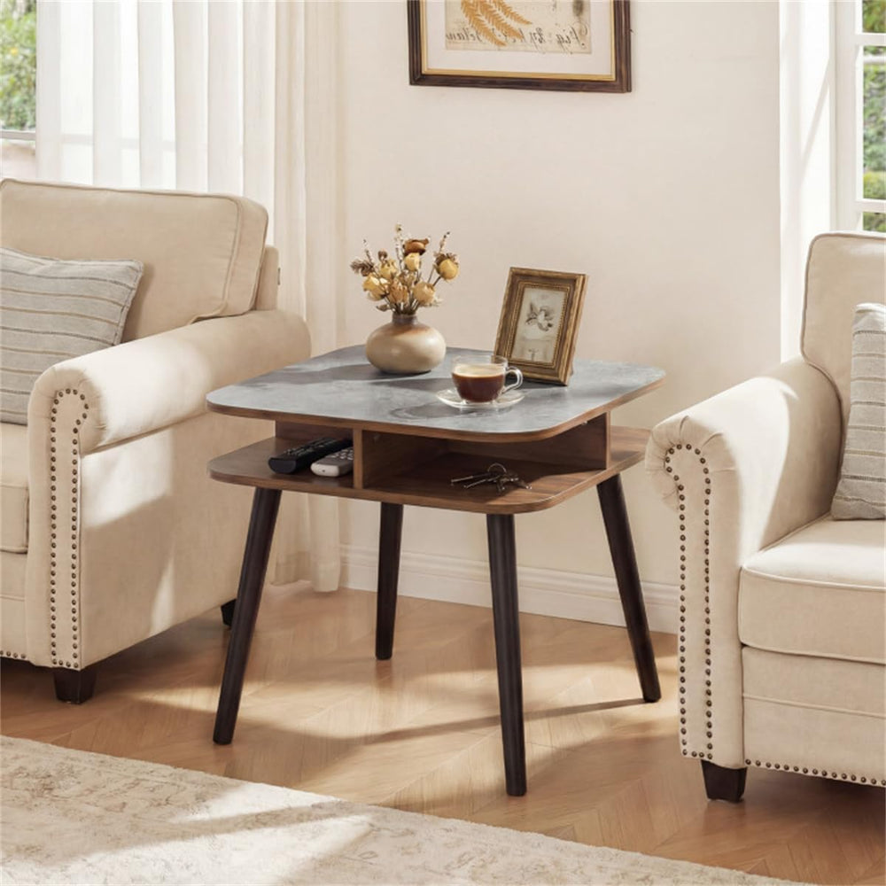 24" Square Faux Marble End Table with 4-Sided Storage Shelves | Nightsta...