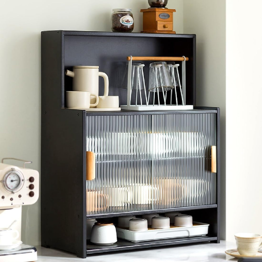 Countertop Kitchen Pantry - 3 Tier Bamboo Sideboard with Sliding Glass Doors,...