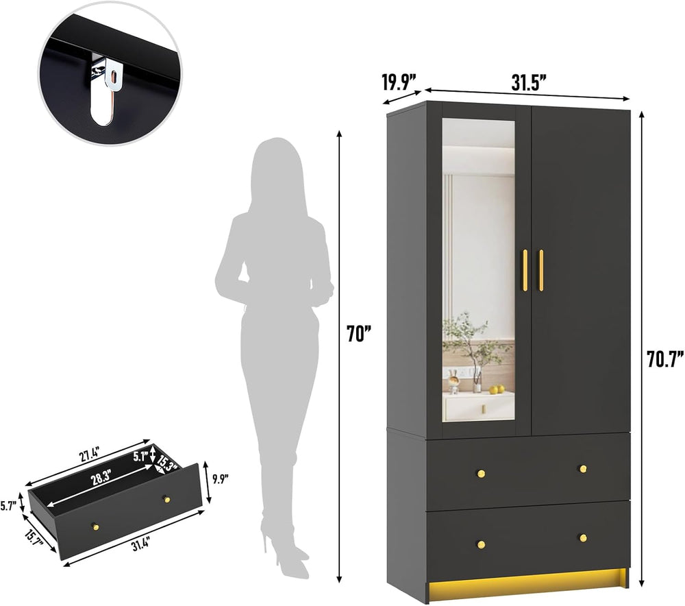 chartustriable 2 Doors Armoire Wardrobe Closet with Mirror, LED Closet with D...