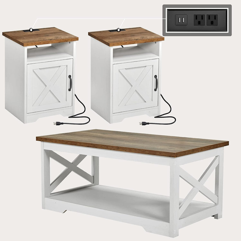 AMERLIFE 3 Piece Farmhouse Living Room Coffee Table Set, Distressed White | C...