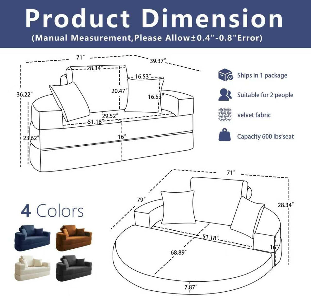 Mofolit 71" Couch Loveseat Folding Sofa Bed Convertible Round Floor Couc...