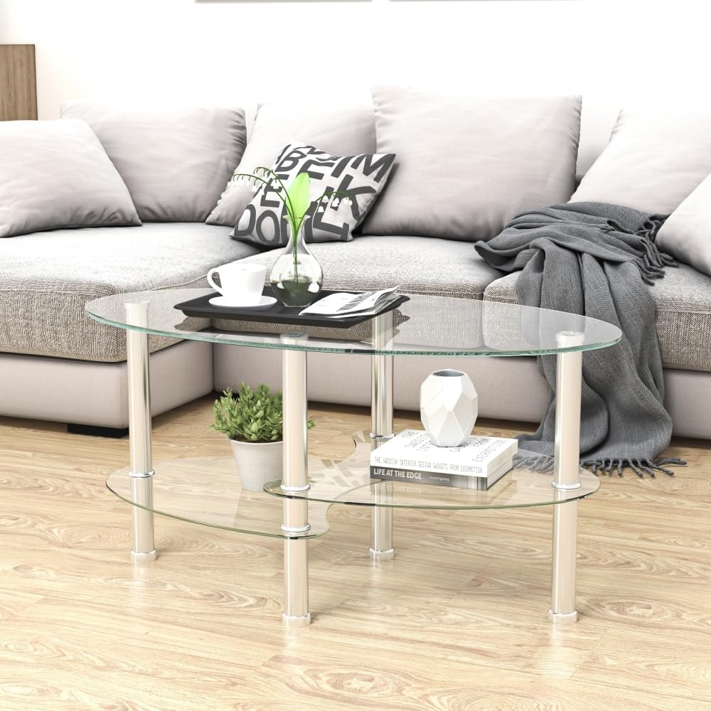 Transparent Oval Glass Coffee Table, Modern Table with Stainless Steel Leg, T...