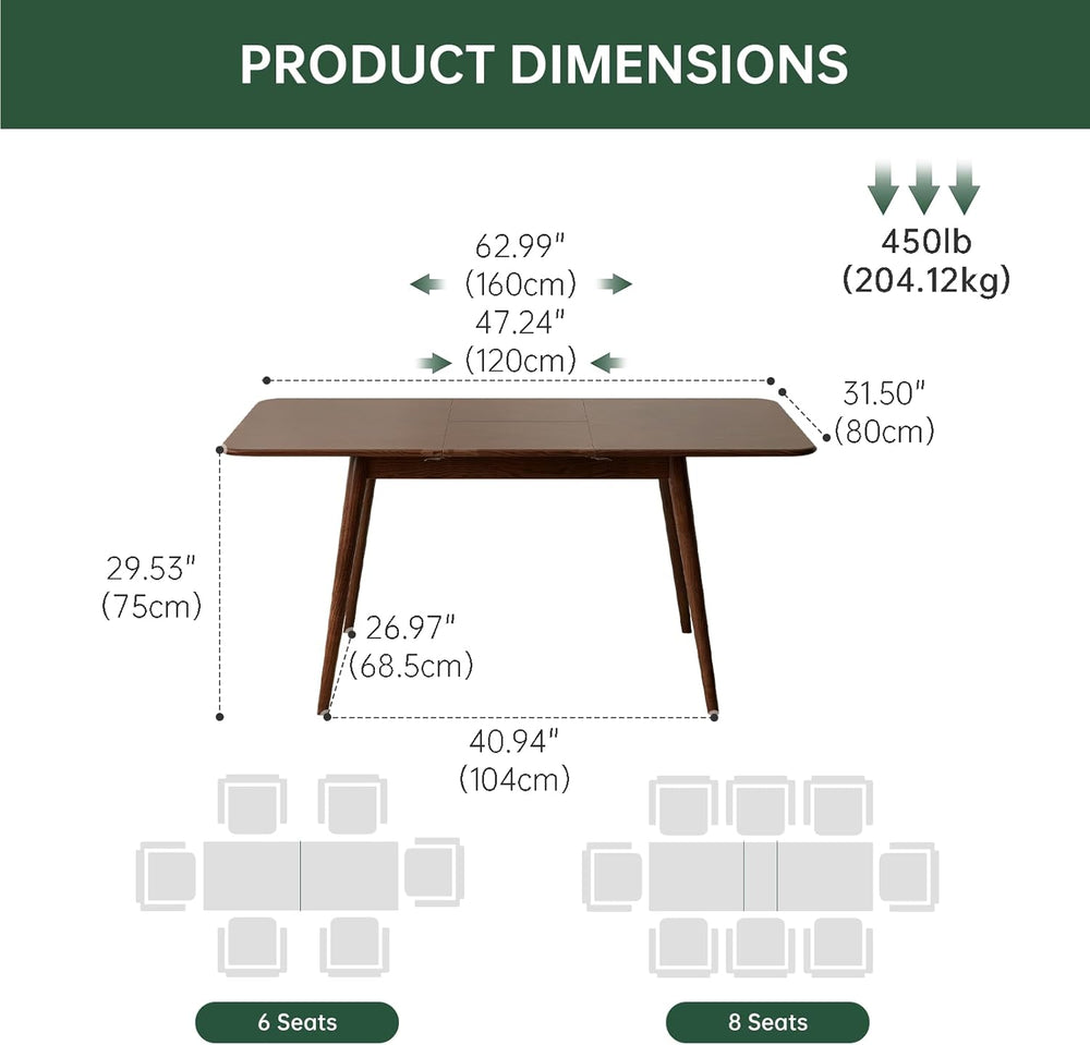 47’’-63’’ 100% Oak Extendable Dining Table, Solid Wood Folding Kitchen Table,...