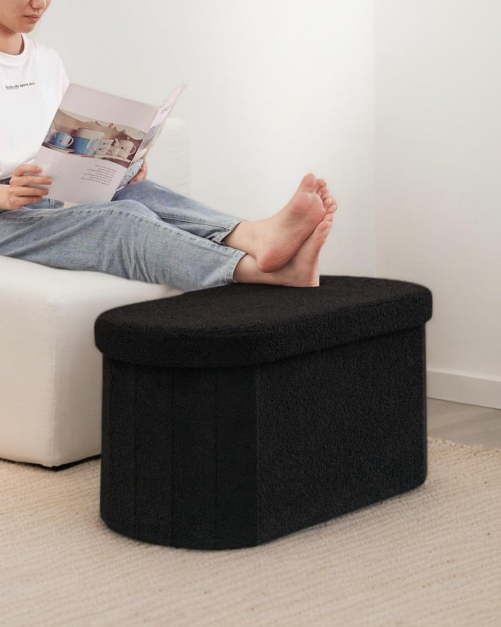30" Oval Foldable Ottoman with Storage, Teddy Boucle Fabric Footrest, St...