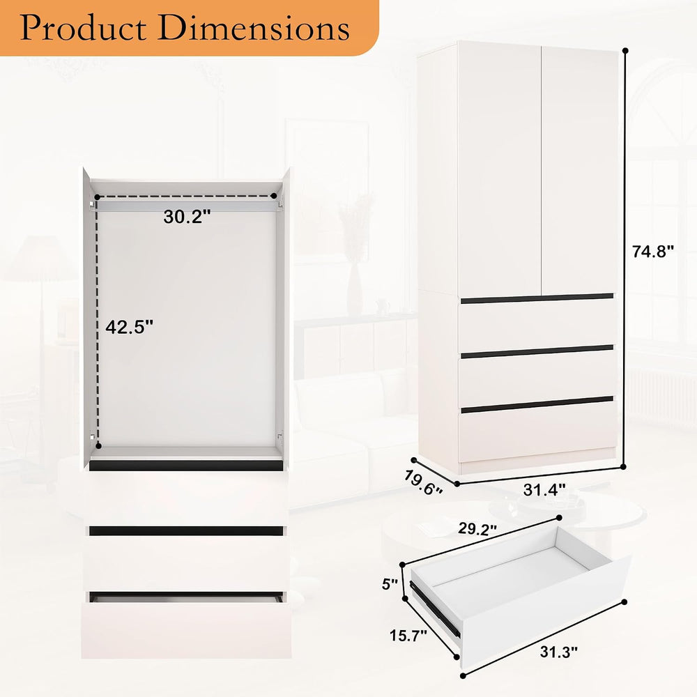 Armoire Wardrobe Closet with Drawers:75" Large White Wardrobe Closet Cab...