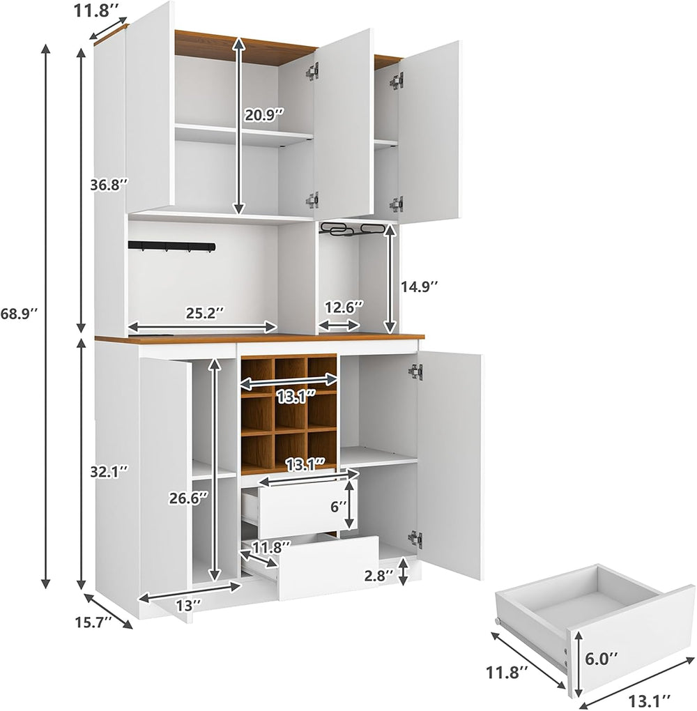VERYKE 68.9'' Tall Kitchen Pantry with Microwave Shelf&Charging S...