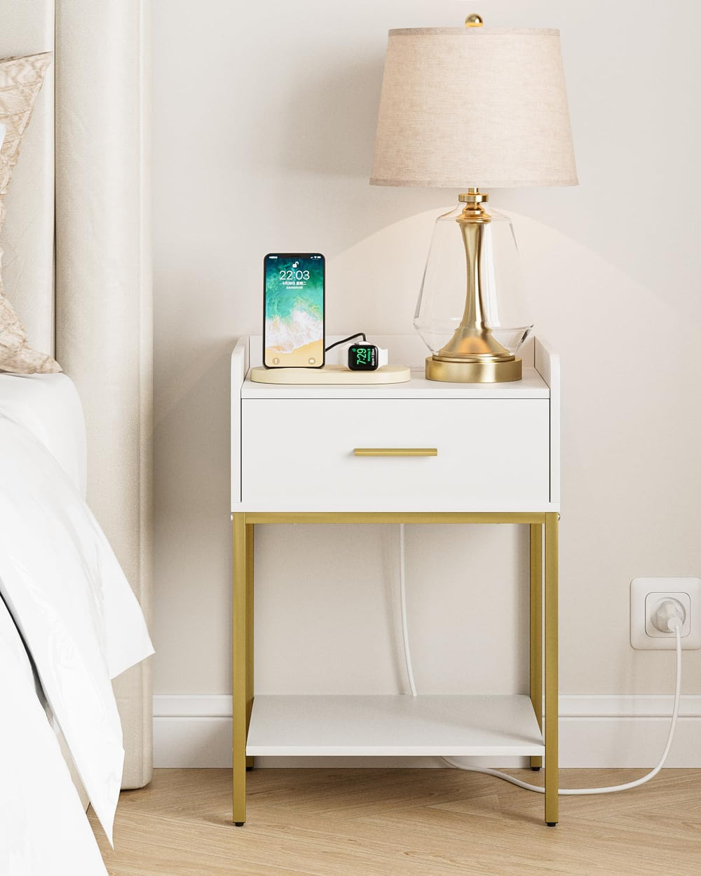 Nightstand with Charging Station, Modern Bedside Table with Drawer and Legs,W...