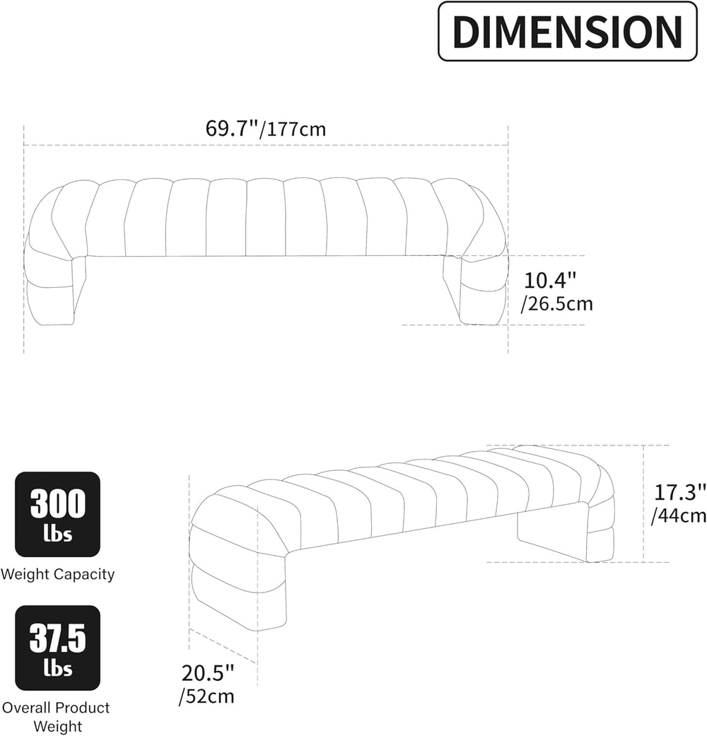 Sophisticated 69.7” Wide Black Upholstered Armless Bed Bench, Modern Channel ...