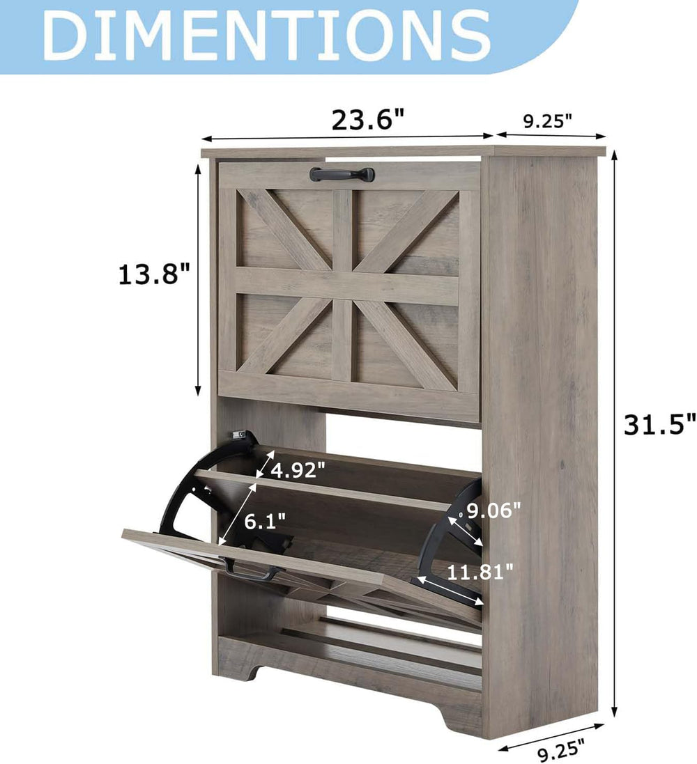 Shoe Cabinet with 2 Flip Drawers, Farmhouse Shoe Storage for Entryway, Wooden...