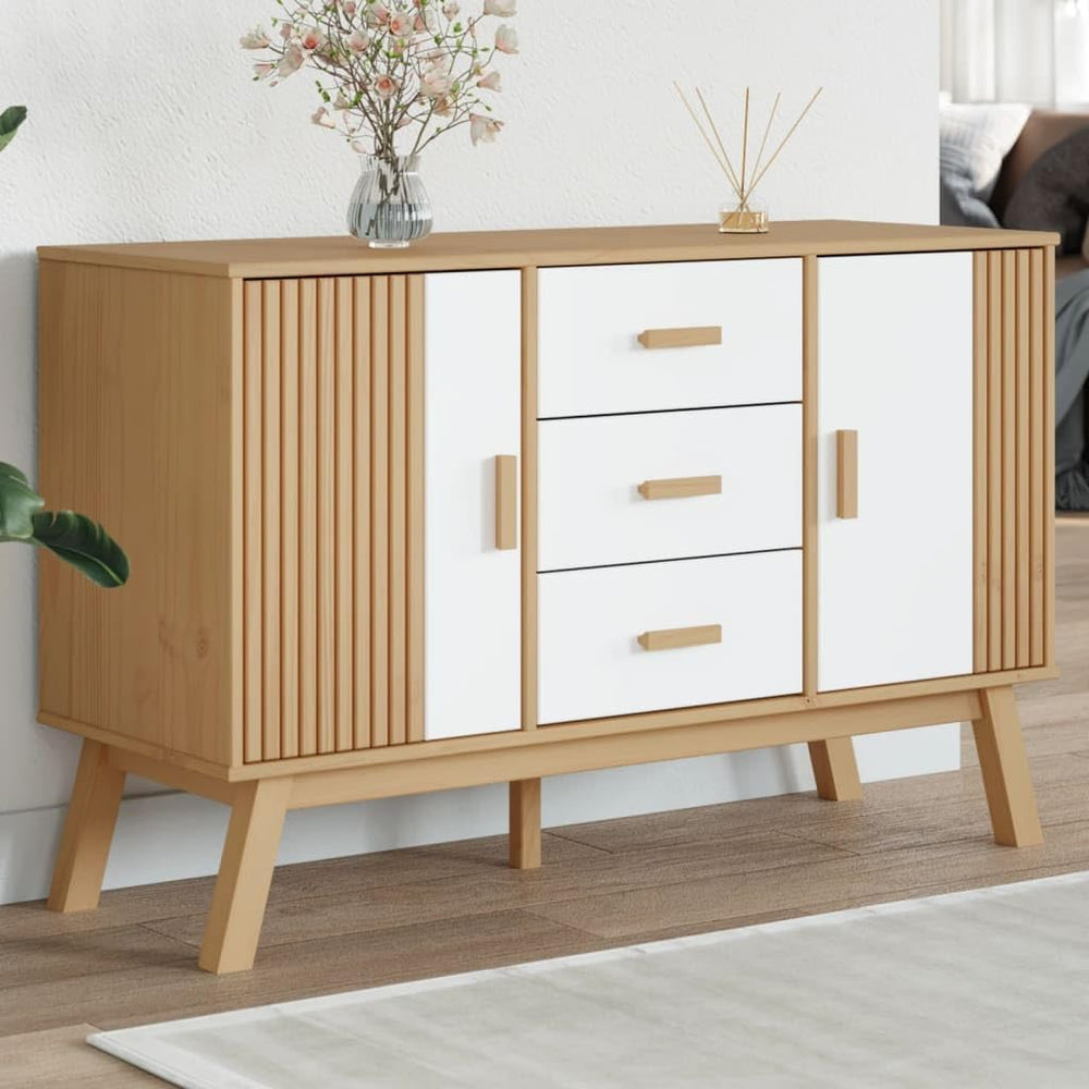 White and Brown Solid Pine Wood Sideboard with Multiple Drawers and Doors for...