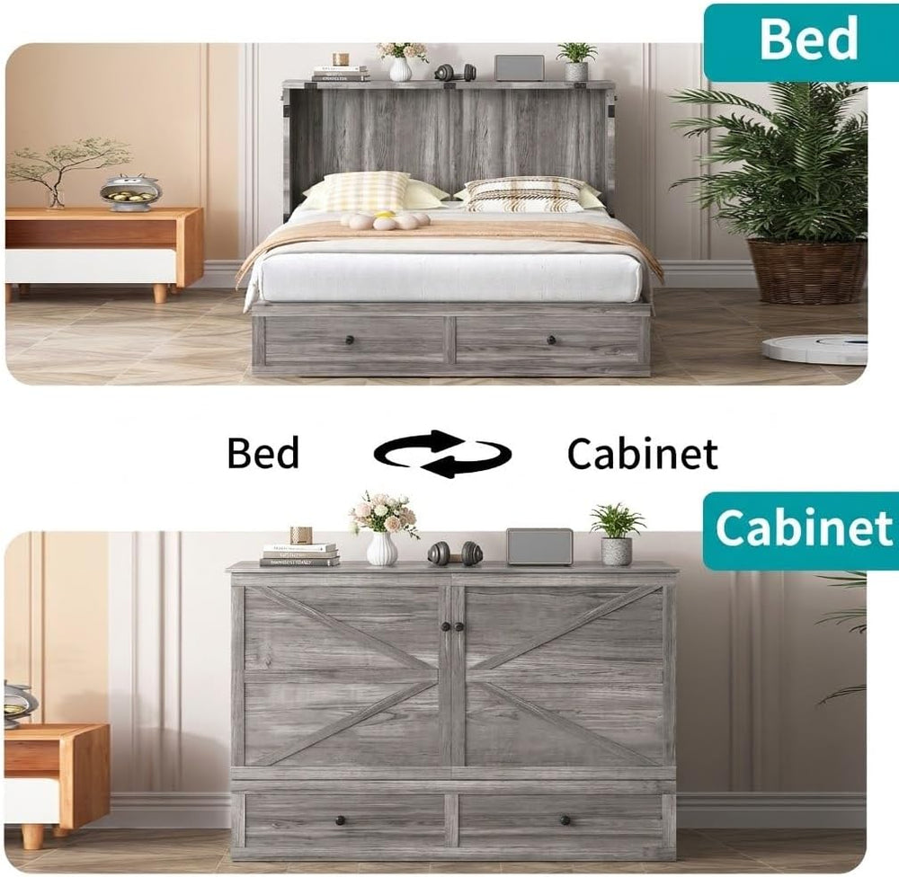 BALUS 57" Width Murphy Bed with Mattress, Full Size Cabinet Bed Frame wi...