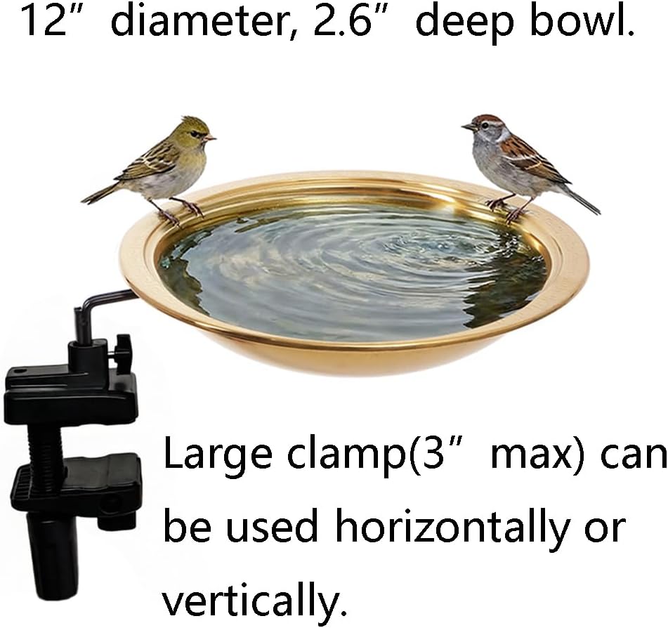 12" Diameter 2.6" Deep Bird Bath with 3" Clamp & Heater Ra...