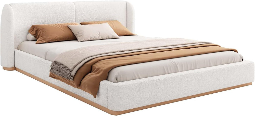King Size Boucle Bed Frame, Soft Cloud Bed Frame with Upholstered Wingback He...
