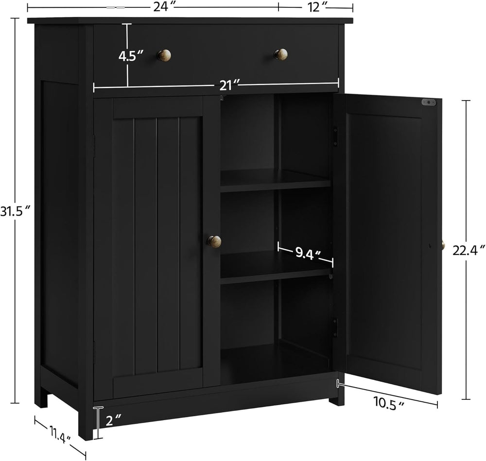Yaheetech Black Slatted Bathroom Storage Cabinet with Drawer & Double Doors