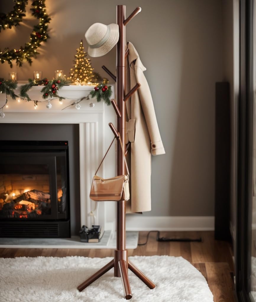 Pipishell Solid Wooden Coat Rack Freestanding with 8 Hooks, Brown