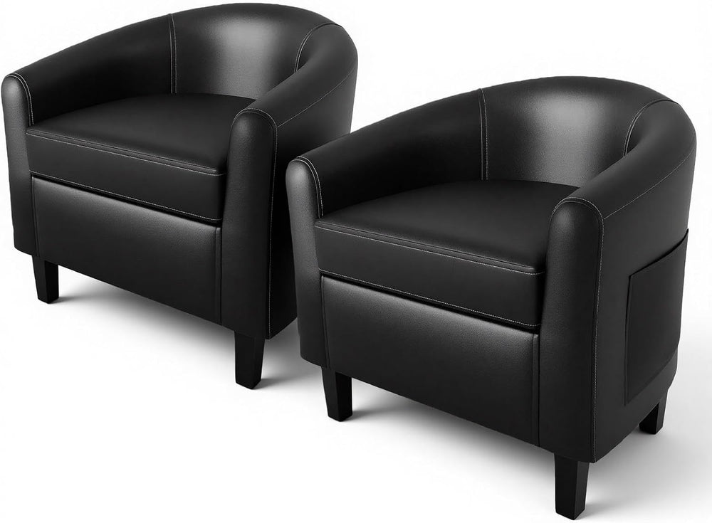GarveeHome Accent Barrel Chairs Set of 2 Faux Leather Club Armchairs Living R...