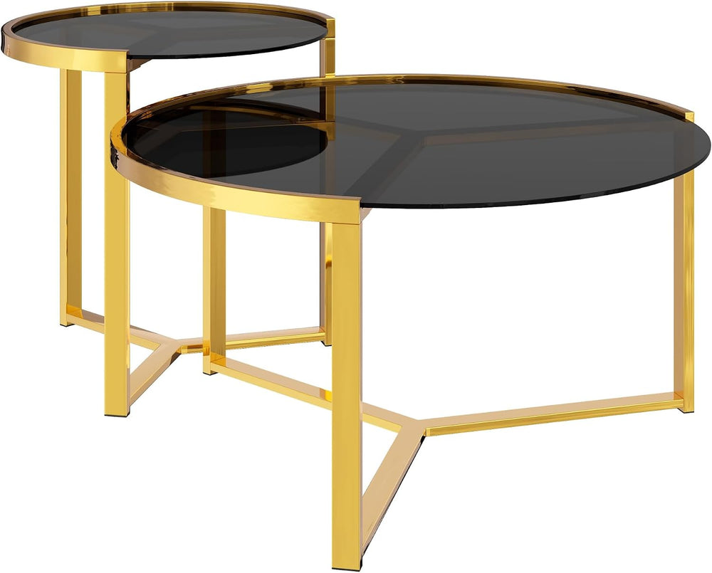 31.5" Gold Round Nesting Coffee Table Set of 2, Modern Tempered Glass Co...