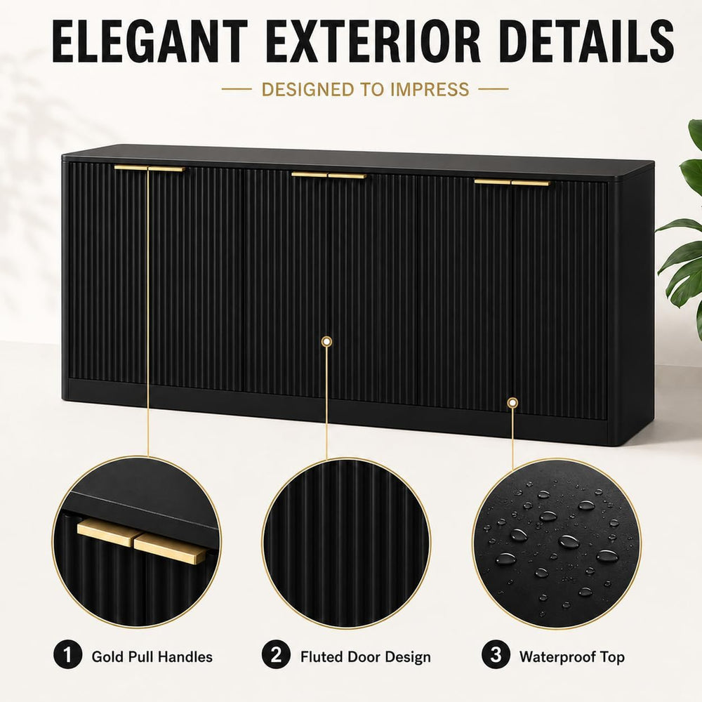 Fluted Sideboard Buffet Cabinet, 67" Credenza Storage Cabinet with 6 Doo...
