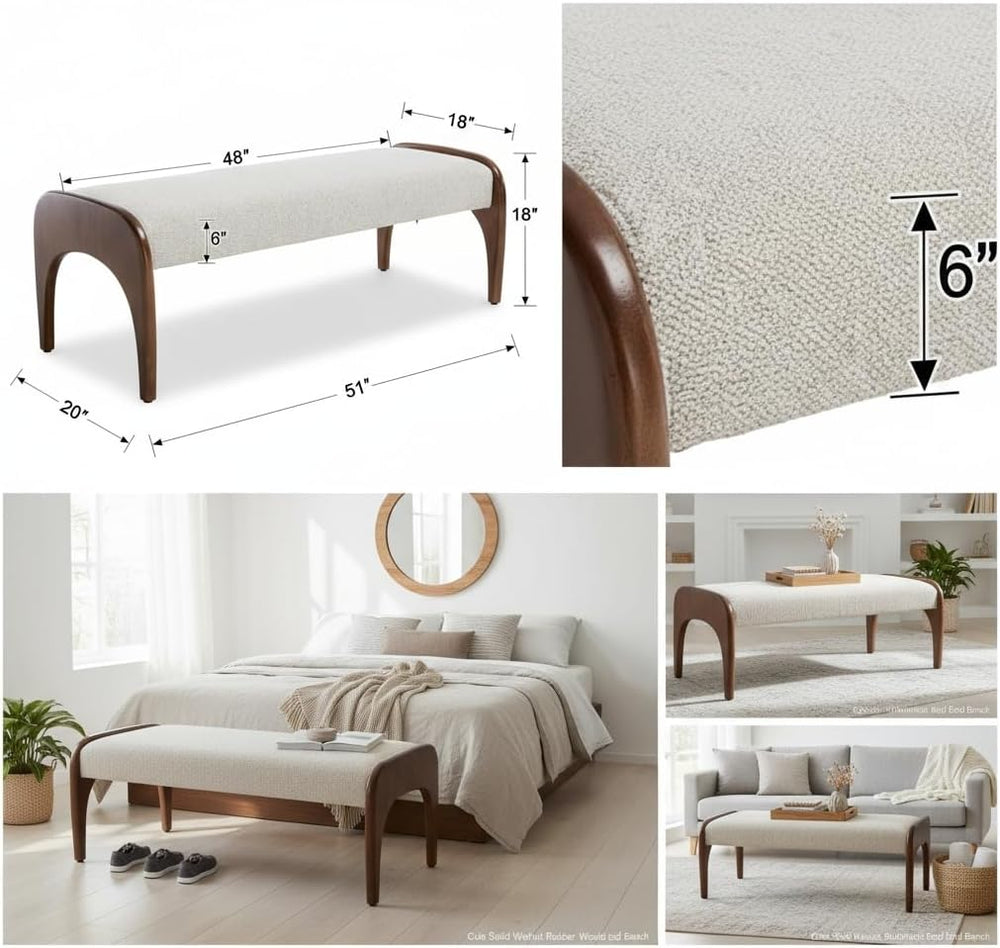 LukeAlon 51-Inch Extra Long Upholstered Bench with Cute Solid Walnut Rubber W...